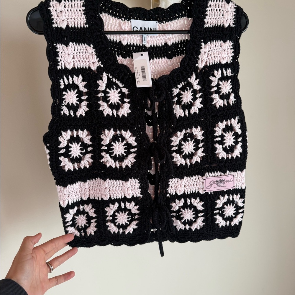 Ganni Black & Light Pink Crochet Tie-Front Vest